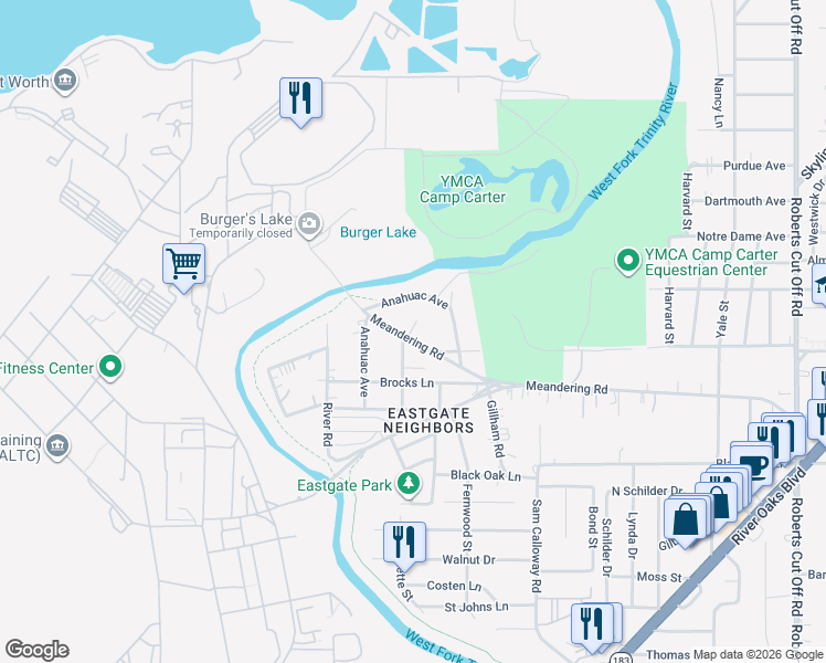 map of restaurants, bars, coffee shops, grocery stores, and more near 1010 Roky Court in Fort Worth