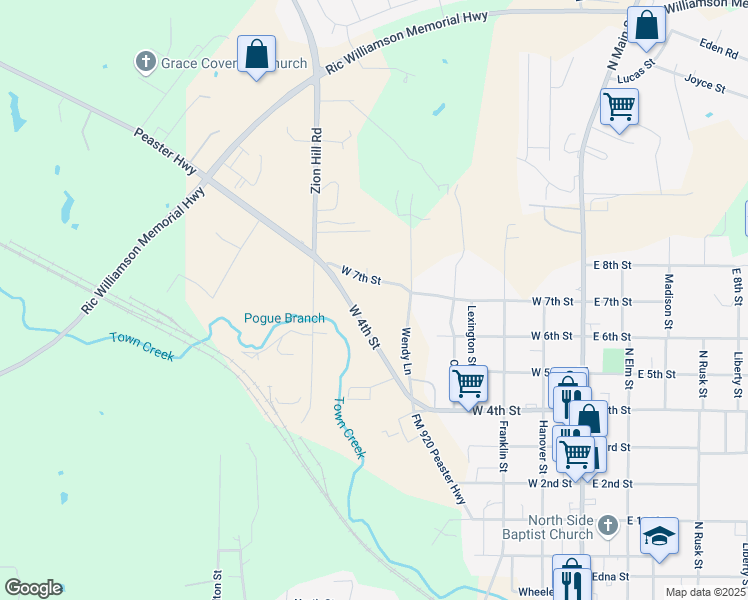 map of restaurants, bars, coffee shops, grocery stores, and more near 521 West 7th Street in Weatherford