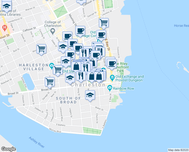 map of restaurants, bars, coffee shops, grocery stores, and more near 24 Chalmers Street in Charleston