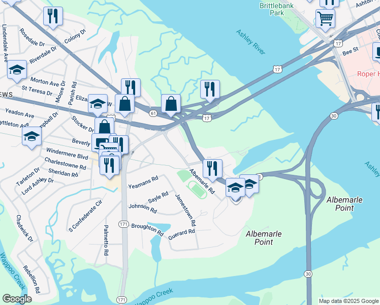 map of restaurants, bars, coffee shops, grocery stores, and more near 498 Albemarle Road in Charleston