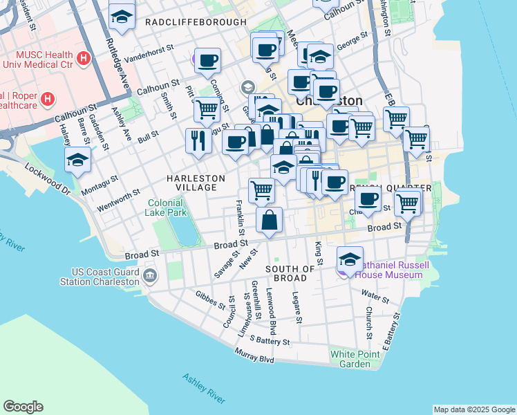map of restaurants, bars, coffee shops, grocery stores, and more near 136 Queen Street in Charleston