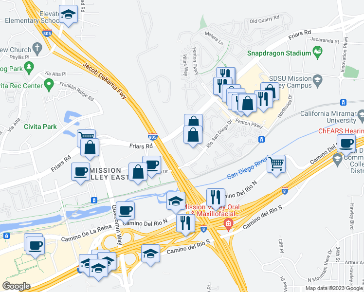 map of restaurants, bars, coffee shops, grocery stores, and more near 2220 River Run Drive in San Diego