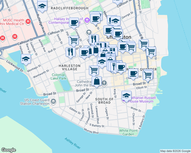 map of restaurants, bars, coffee shops, grocery stores, and more near 87 Logan Street in Charleston