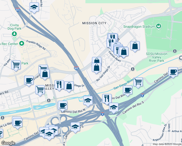 map of restaurants, bars, coffee shops, grocery stores, and more near 2210 River Run Drive in San Diego
