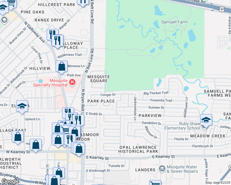 map of restaurants, bars, coffee shops, grocery stores, and more near 401 Conger Drive in Mesquite