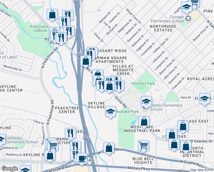 map of restaurants, bars, coffee shops, grocery stores, and more near 900 Gross Road in Mesquite