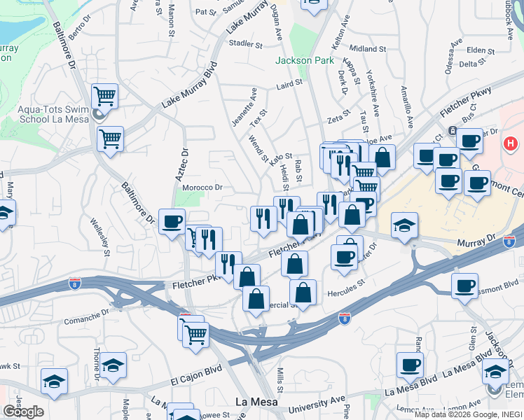 map of restaurants, bars, coffee shops, grocery stores, and more near 5465 Marengo Avenue in La Mesa