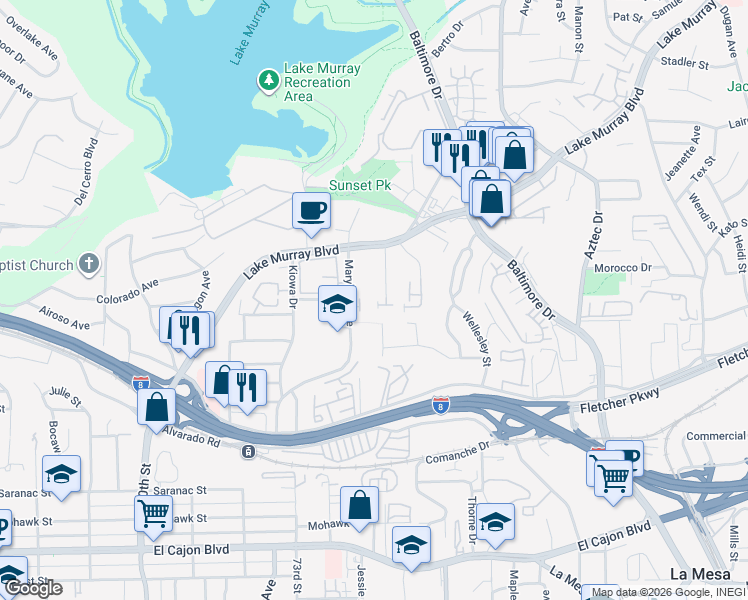 map of restaurants, bars, coffee shops, grocery stores, and more near 5499 Maryland Avenue in La Mesa