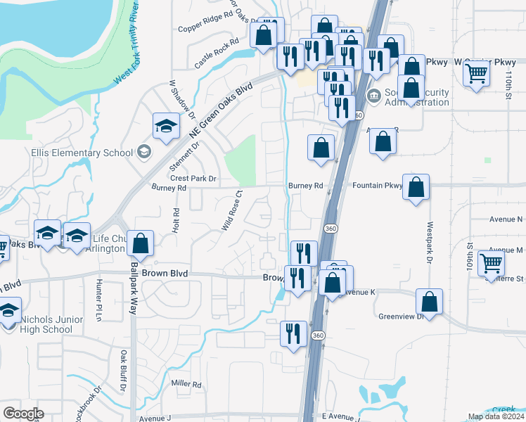 map of restaurants, bars, coffee shops, grocery stores, and more near 2500 Burney Road in Arlington