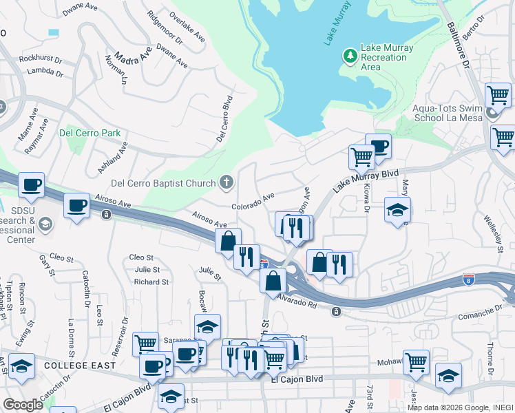 map of restaurants, bars, coffee shops, grocery stores, and more near 6887 Colorado Avenue in La Mesa