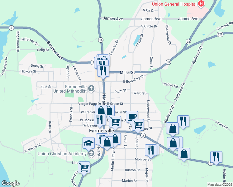 map of restaurants, bars, coffee shops, grocery stores, and more near 300 Plum Street in Farmerville