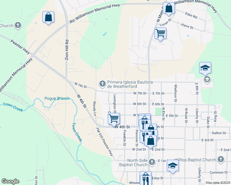 map of restaurants, bars, coffee shops, grocery stores, and more near 314 West 7th Street in Weatherford
