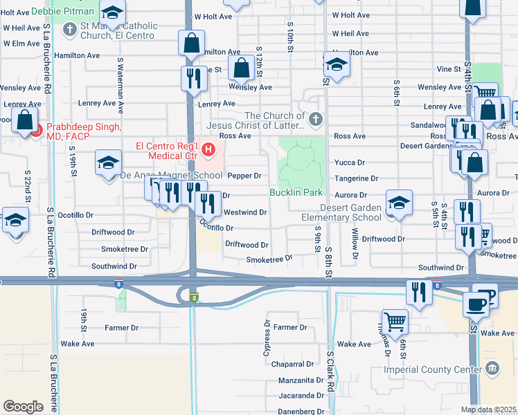 map of restaurants, bars, coffee shops, grocery stores, and more near 1235 Aurora Drive in El Centro