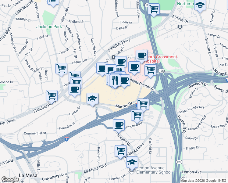 map of restaurants, bars, coffee shops, grocery stores, and more near 5500 Grossmont Center Drive in La Mesa