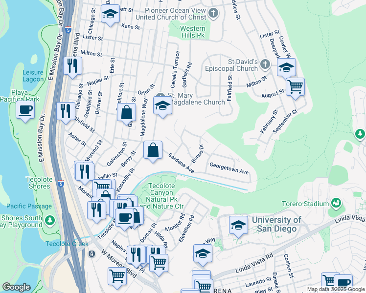 map of restaurants, bars, coffee shops, grocery stores, and more near 4911 Sparks Avenue in San Diego