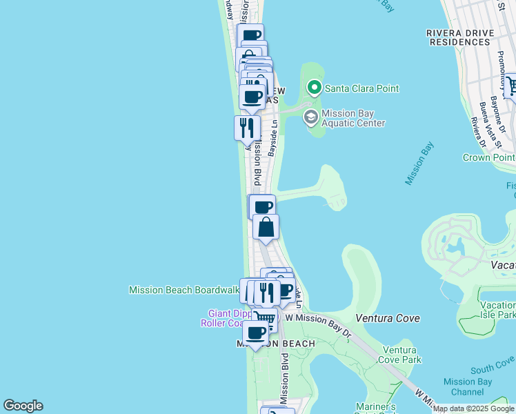 map of restaurants, bars, coffee shops, grocery stores, and more near 3471 Mission Boulevard in San Diego