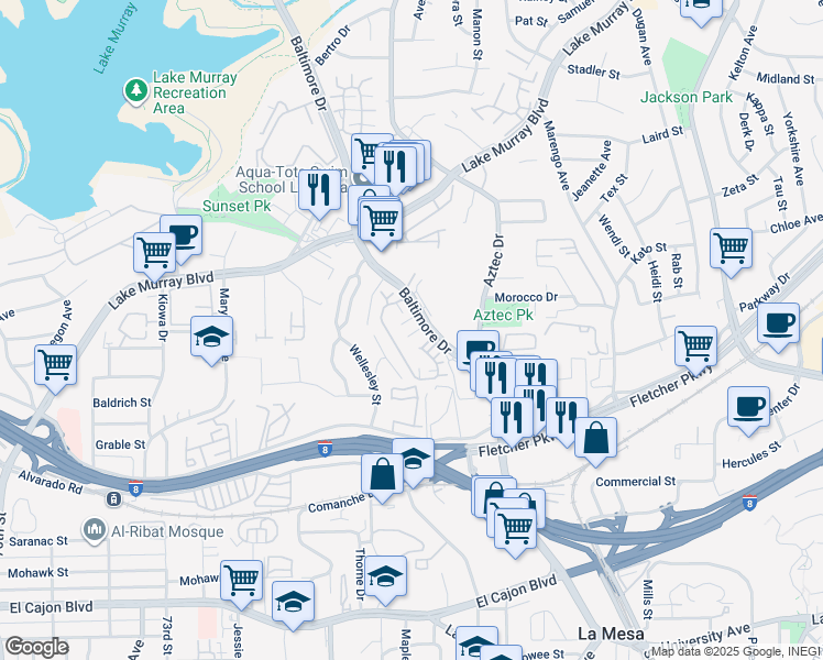 map of restaurants, bars, coffee shops, grocery stores, and more near 5440 Baltimore Drive in La Mesa