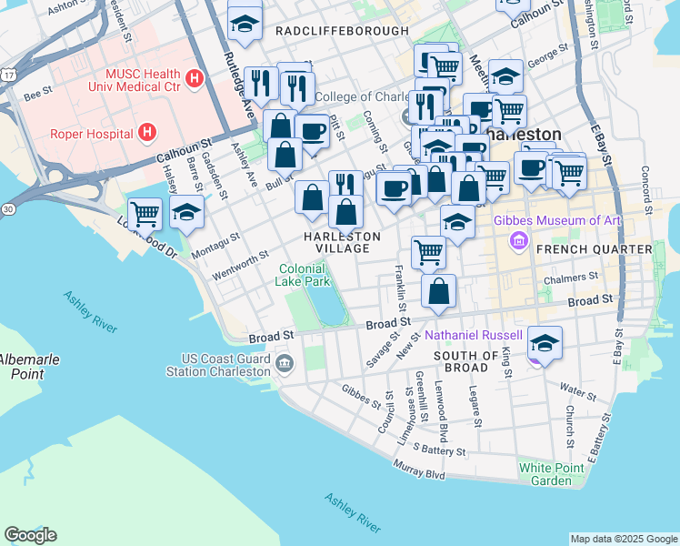 map of restaurants, bars, coffee shops, grocery stores, and more near 52 Rutledge Avenue in Charleston
