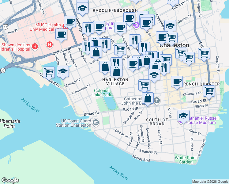 map of restaurants, bars, coffee shops, grocery stores, and more near 52 Rutledge Avenue in Charleston