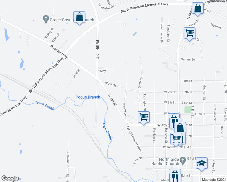 map of restaurants, bars, coffee shops, grocery stores, and more near 521 West 7th Street in Weatherford