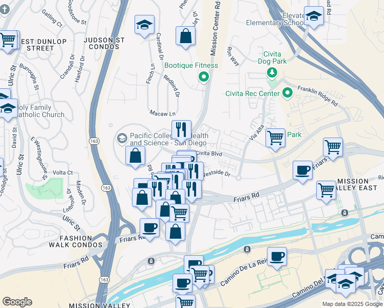 map of restaurants, bars, coffee shops, grocery stores, and more near 5745 Mission Center Road in San Diego