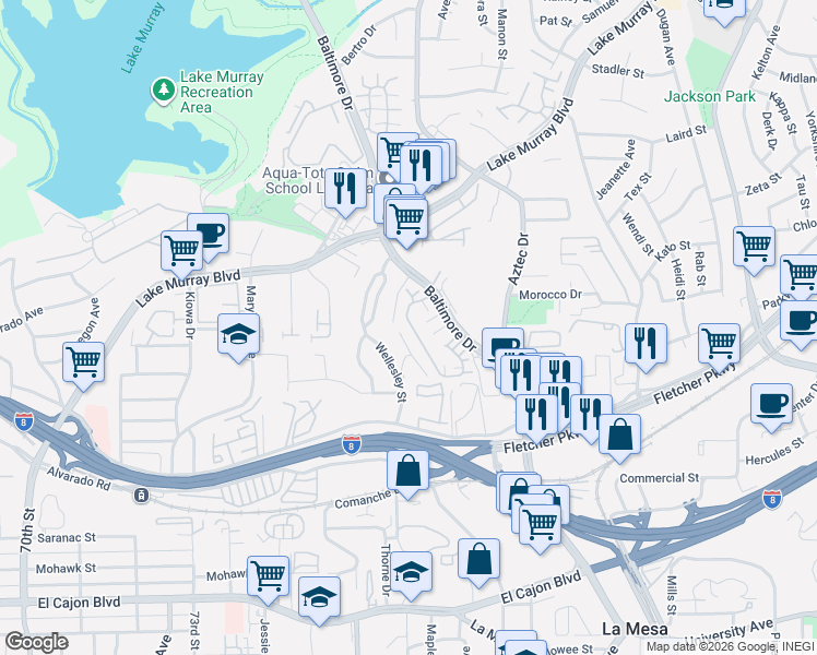 map of restaurants, bars, coffee shops, grocery stores, and more near 5440 Baltimore Drive in La Mesa