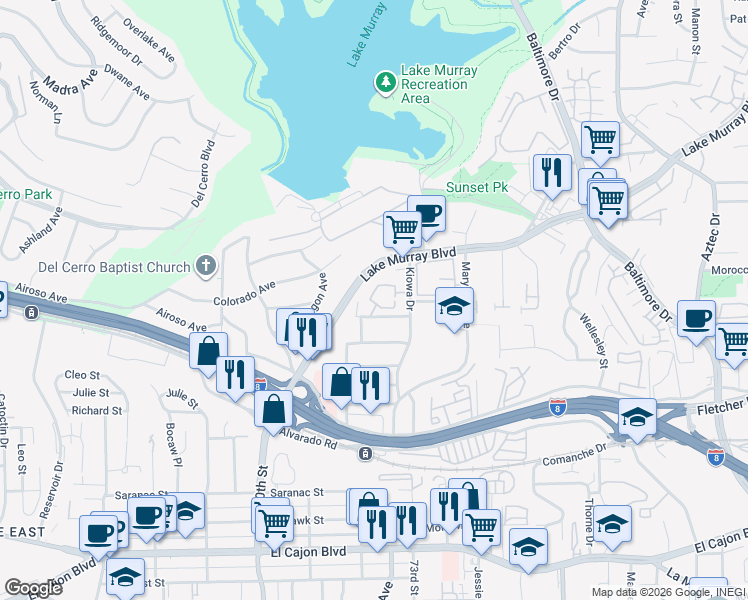 map of restaurants, bars, coffee shops, grocery stores, and more near 7200 Melody Lane in La Mesa
