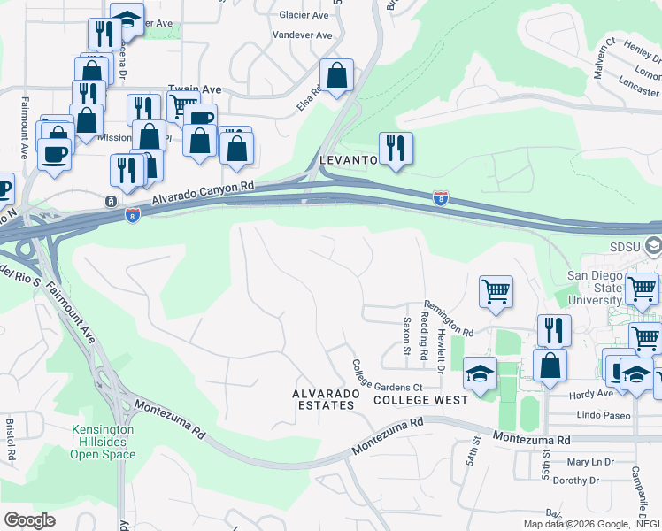 map of restaurants, bars, coffee shops, grocery stores, and more near 5512 Drover Drive in San Diego