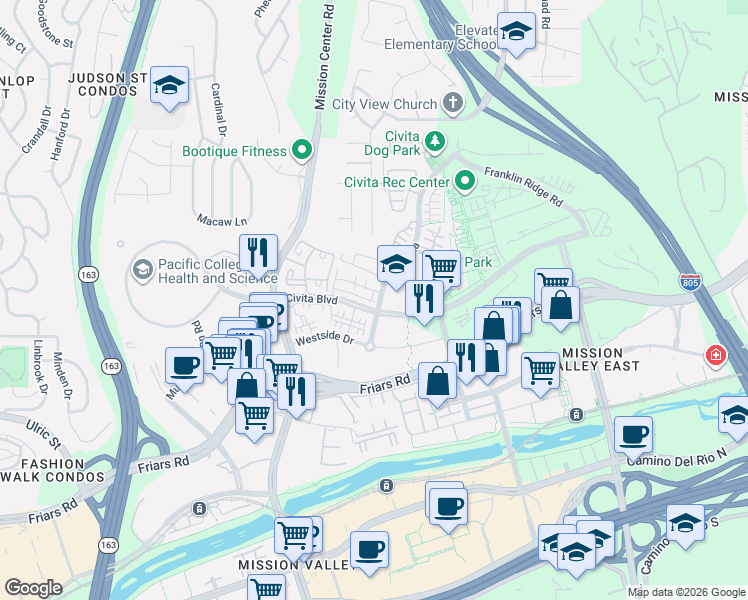map of restaurants, bars, coffee shops, grocery stores, and more near 2440 Via Alta in San Diego
