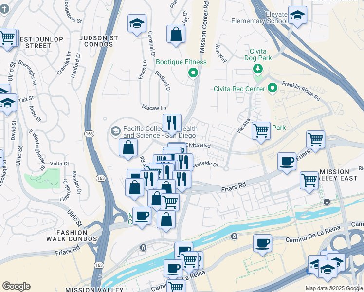 map of restaurants, bars, coffee shops, grocery stores, and more near 5771 Civita Boulevard in San Diego