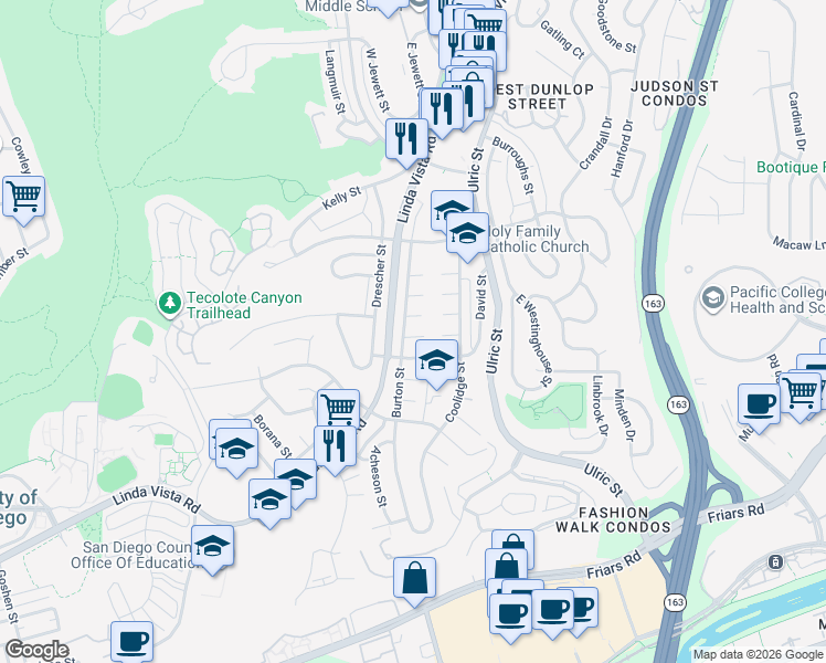 map of restaurants, bars, coffee shops, grocery stores, and more near 1828 Burton Street in San Diego