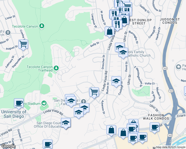 map of restaurants, bars, coffee shops, grocery stores, and more near 6645 Goodwin Street in San Diego