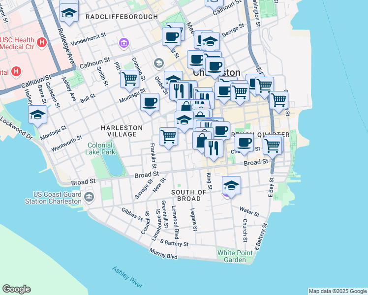 map of restaurants, bars, coffee shops, grocery stores, and more near 15 Archdale Street in Charleston