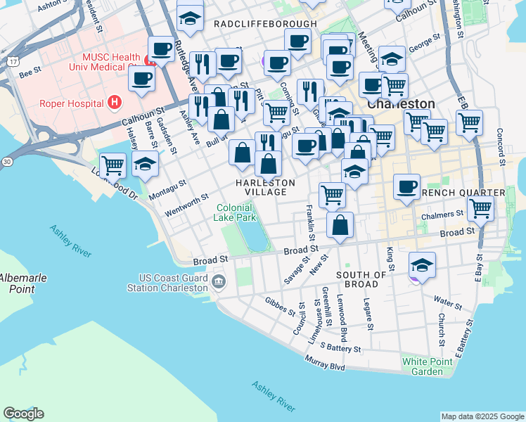 map of restaurants, bars, coffee shops, grocery stores, and more near 52 Rutledge Avenue in Charleston