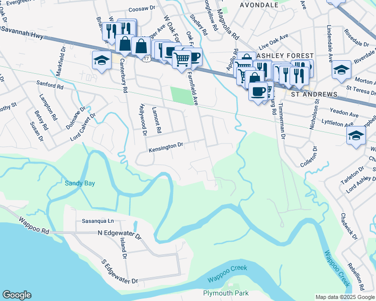 map of restaurants, bars, coffee shops, grocery stores, and more near 1209 Kensington Drive in Charleston