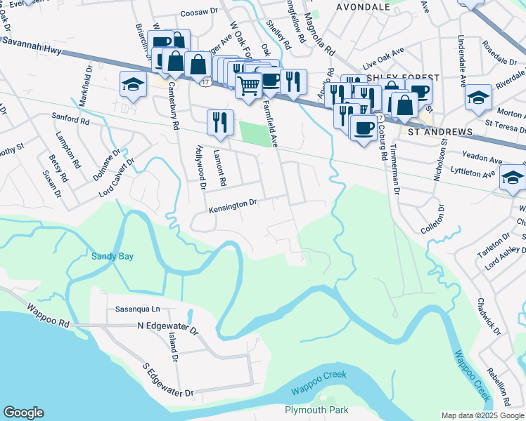 map of restaurants, bars, coffee shops, grocery stores, and more near 1209 Kensington Drive in Charleston