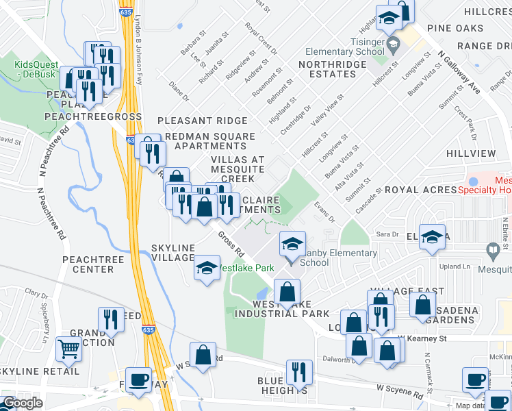 map of restaurants, bars, coffee shops, grocery stores, and more near 1139 Hillcrest Street in Mesquite