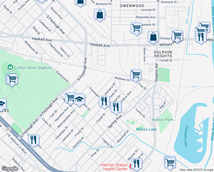 map of restaurants, bars, coffee shops, grocery stores, and more near 4515 Jamaica Street in Dallas