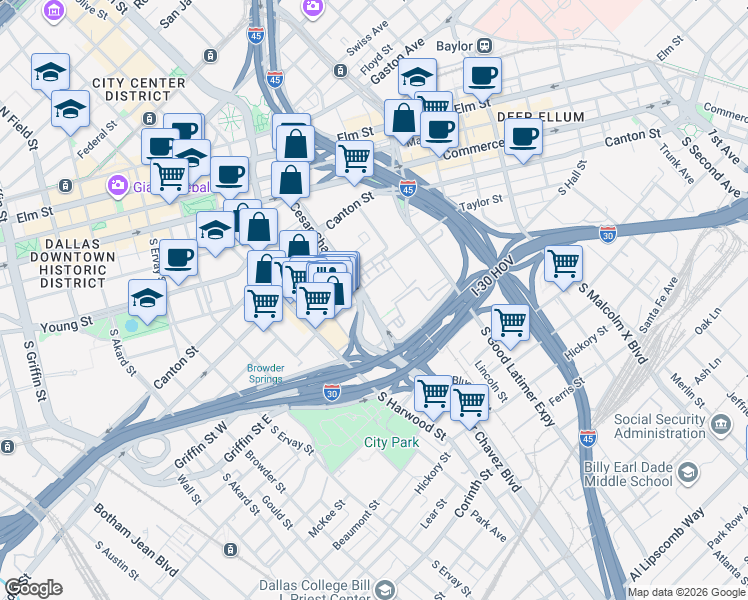map of restaurants, bars, coffee shops, grocery stores, and more near 1110 South Cesar Chavez Boulevard in Dallas