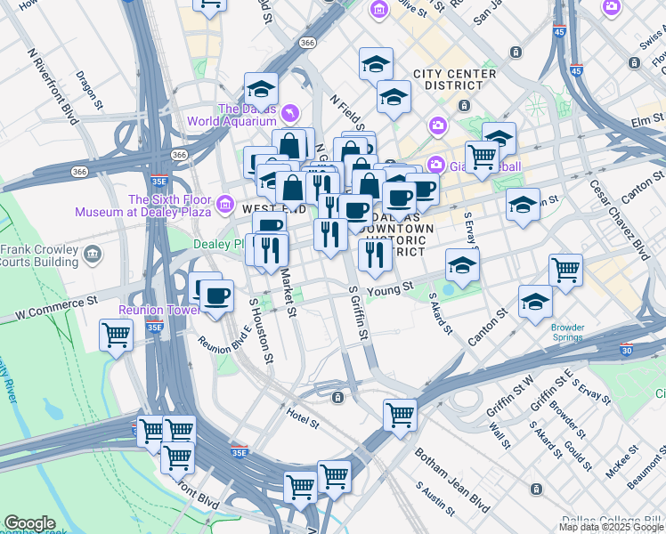map of restaurants, bars, coffee shops, grocery stores, and more near in Dallas
