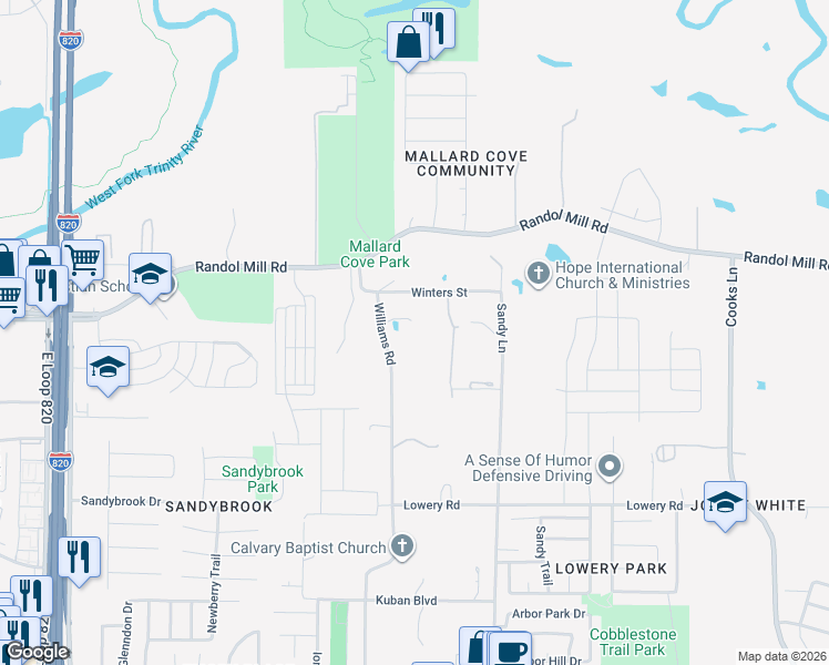 map of restaurants, bars, coffee shops, grocery stores, and more near 217 Williams Road in Fort Worth