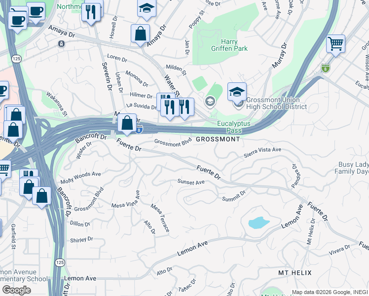 map of restaurants, bars, coffee shops, grocery stores, and more near 9537 Grossmont Boulevard in La Mesa