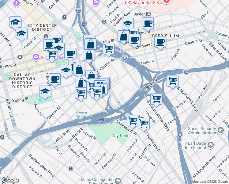 map of restaurants, bars, coffee shops, grocery stores, and more near 1110 South Cesar Chavez Boulevard in Dallas