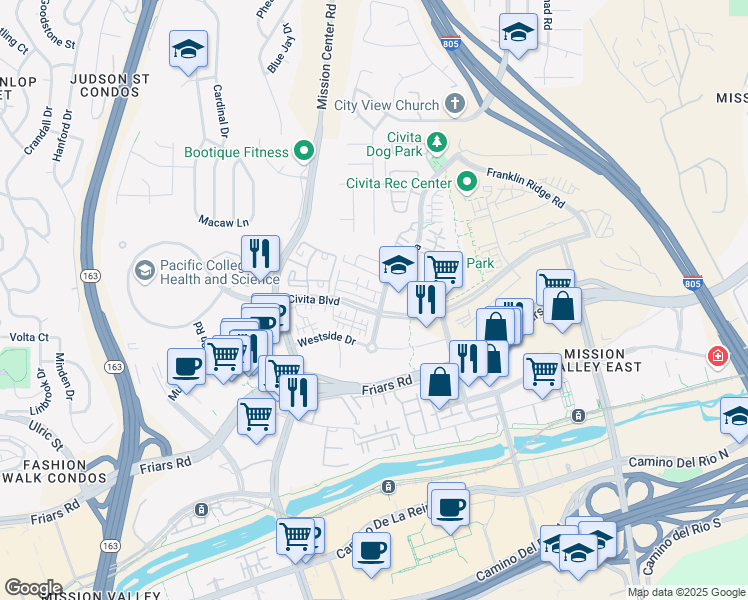 map of restaurants, bars, coffee shops, grocery stores, and more near 2434 Via Alta in San Diego