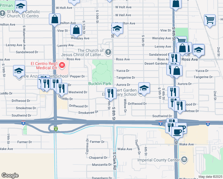 map of restaurants, bars, coffee shops, grocery stores, and more near 805 Aurora Drive in El Centro