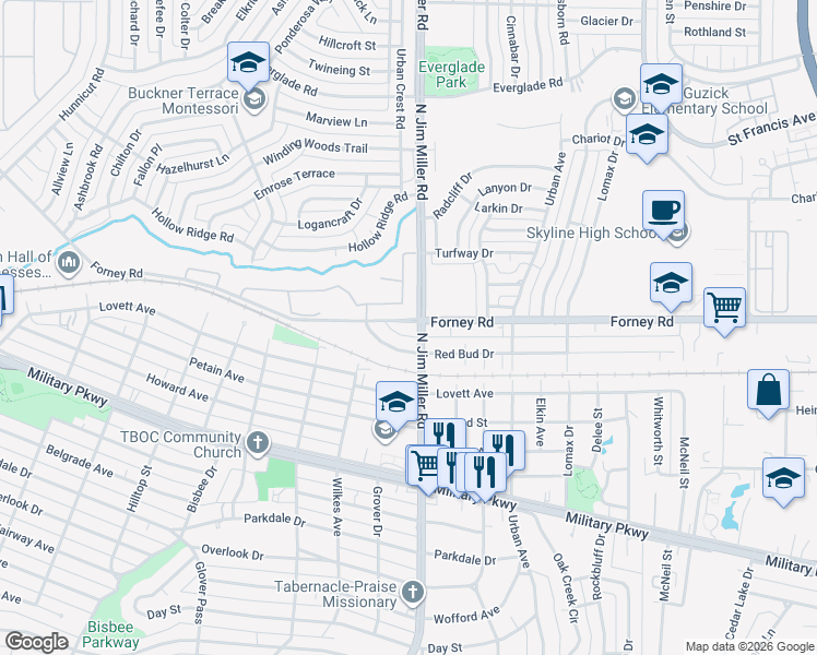 map of restaurants, bars, coffee shops, grocery stores, and more near 6918 Forney Road in Dallas