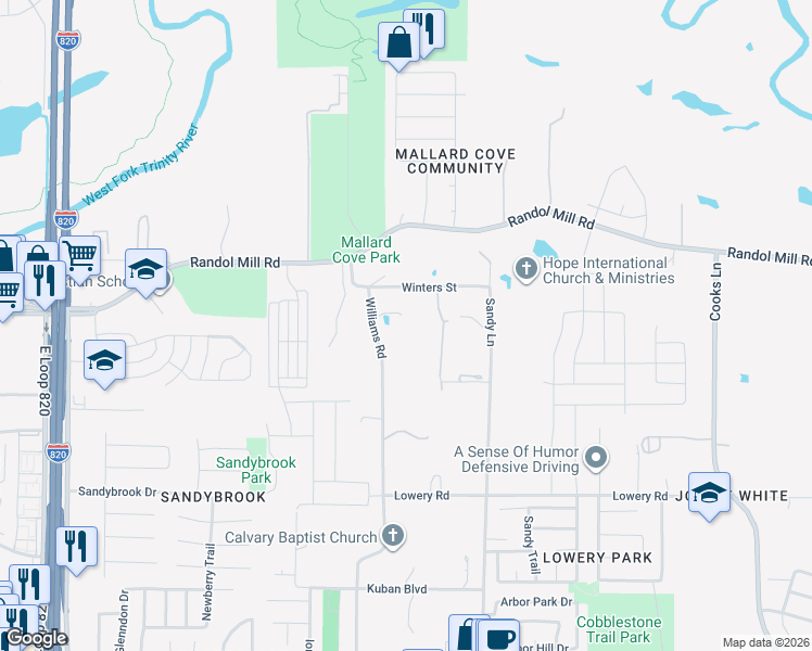 map of restaurants, bars, coffee shops, grocery stores, and more near 217 Williams Road in Fort Worth