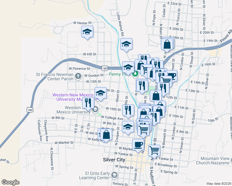 map of restaurants, bars, coffee shops, grocery stores, and more near 409 West 12th Street in Silver City