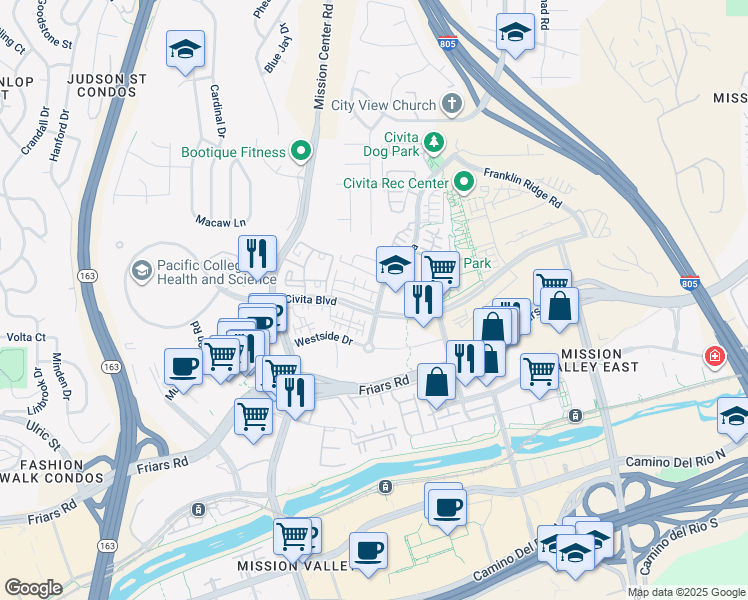 map of restaurants, bars, coffee shops, grocery stores, and more near 2434 Via Alta in San Diego