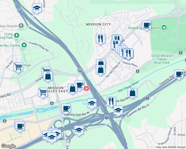 map of restaurants, bars, coffee shops, grocery stores, and more near 2222 River Run Drive in San Diego